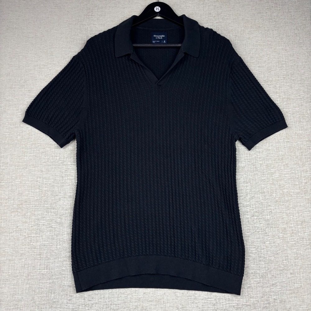 Abercrombie & Fitch Mens Black Cable Knit Short Sleeve Sweater Polo Shirt M